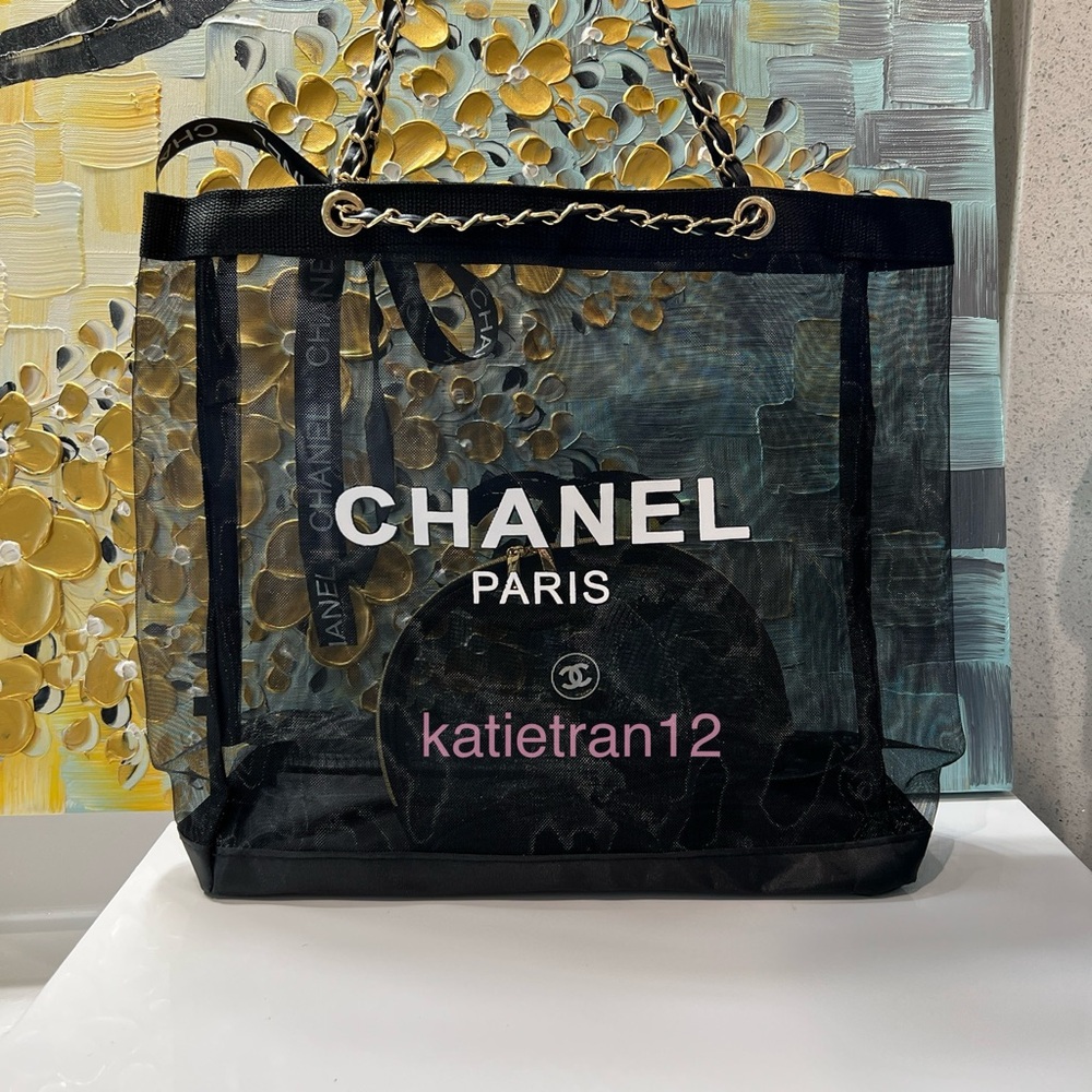 CHANEL Mesh Shopping Tote / Beach Bag / Shoulder Bag and Cosmetic Makeup Bag